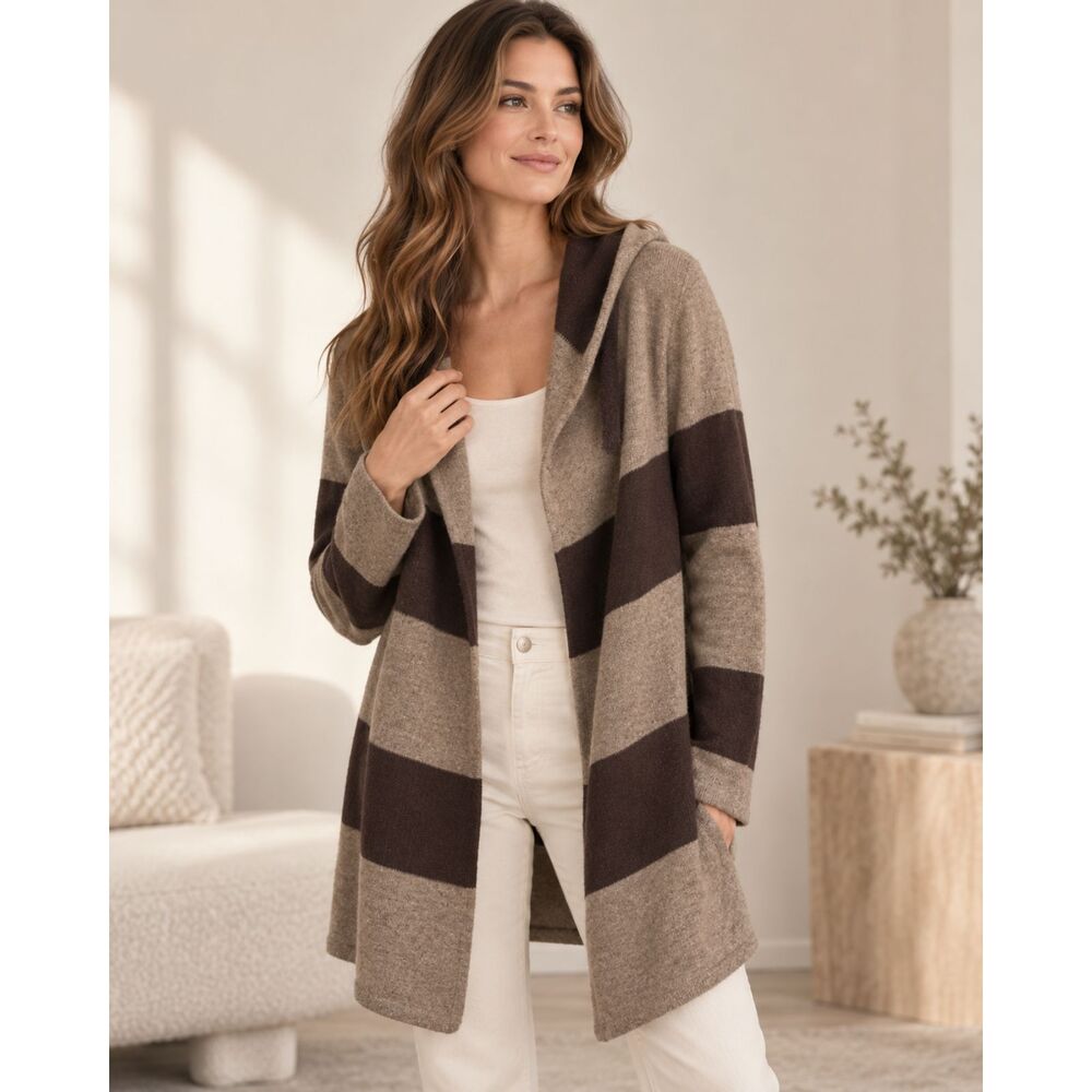 Zen Cashmere Wool Cashmere Hooded Cardigan M Brown Taupe Striped Open Front